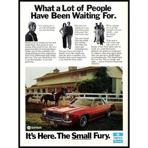 1975 Plymouth Small Fury Compact Coupe Vintage Print Ad Fuel Crisis Wall Art